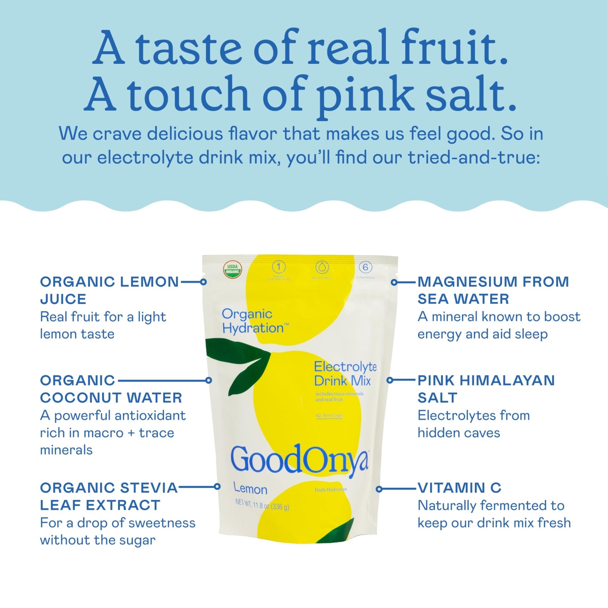 GOODONYA Organic Hydration Electrolyte Drink Mix, Certified Organic Hydration Powder, Non-GMO, Biochecked Glyphosate Free, Low Sugar, Lemonade Flavor, - dailyvitalstore