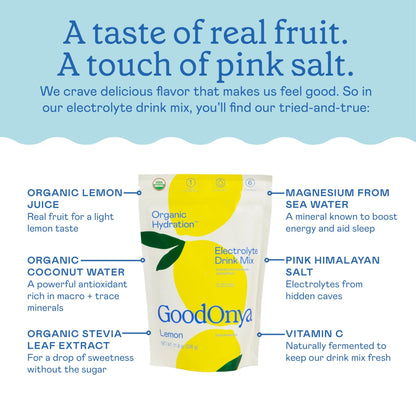 GOODONYA Organic Hydration Electrolyte Drink Mix, Certified Organic Hydration Powder, Non-GMO, Biochecked Glyphosate Free, Low Sugar, Lemonade Flavor, - dailyvitalstore