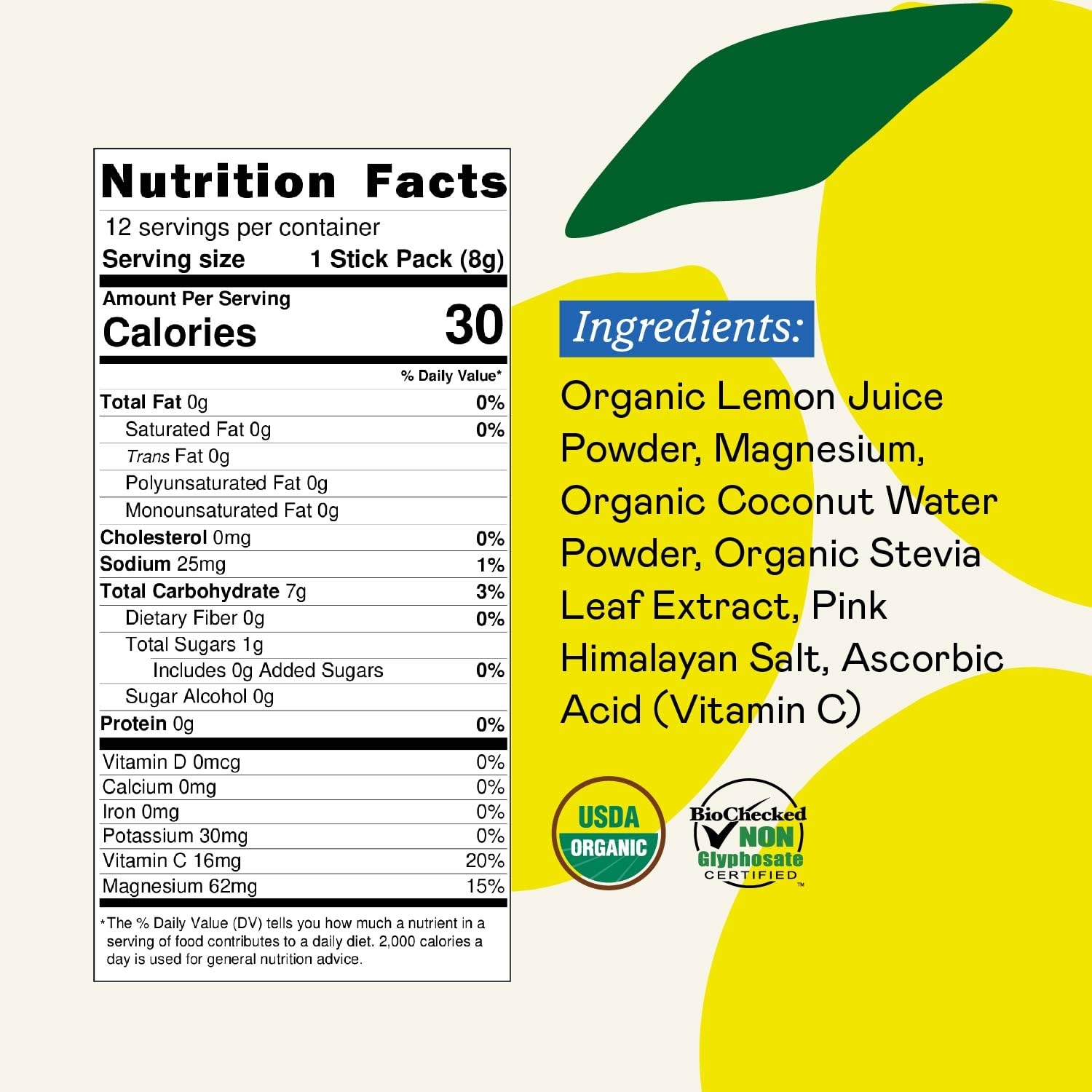 GOODONYA Organic Hydration Electrolyte Drink Mix, Certified Organic Hydration Powder, Non-GMO, Biochecked Glyphosate Free, Low Sugar, Lemonade Flavor, No Artificial Flavors,12 Stick Packs - dailyvitalstore