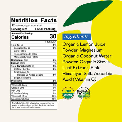 GOODONYA Organic Hydration Electrolyte Drink Mix, Certified Organic Hydration Powder, Non-GMO, Biochecked Glyphosate Free, Low Sugar, Lemonade Flavor, No Artificial Flavors,12 Stick Packs - dailyvitalstore