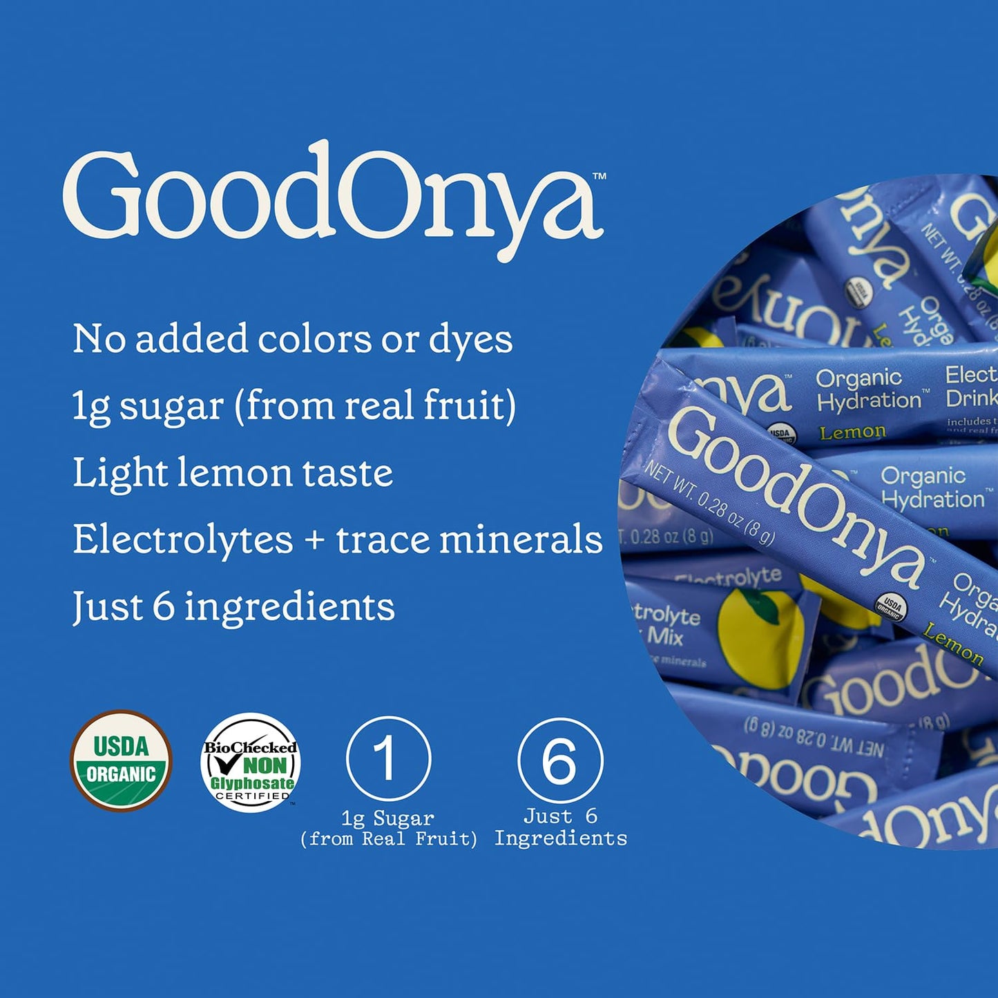 GOODONYA Organic Hydration Electrolyte Drink Mix, Certified Organic Hydration Powder, Non-GMO, Biochecked Glyphosate Free, Low Sugar, Lemonade Flavor, No Artificial Flavors,12 Stick Packs - dailyvitalstore
