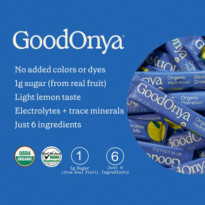 GOODONYA Organic Hydration Electrolyte Drink Mix, Certified Organic Hydration Powder, Non-GMO, Biochecked Glyphosate Free, Low Sugar, Lemonade Flavor, No Artificial Flavors,12 Stick Packs - dailyvitalstore
