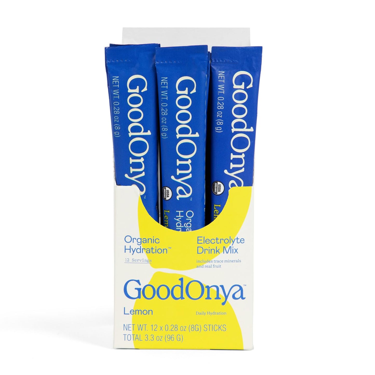 GOODONYA Organic Hydration Electrolyte Drink Mix, Certified Organic Hydration Powder, Non-GMO, Biochecked Glyphosate Free, Low Sugar, Lemonade Flavor, No Artificial Flavors,12 Stick Packs - dailyvitalstore