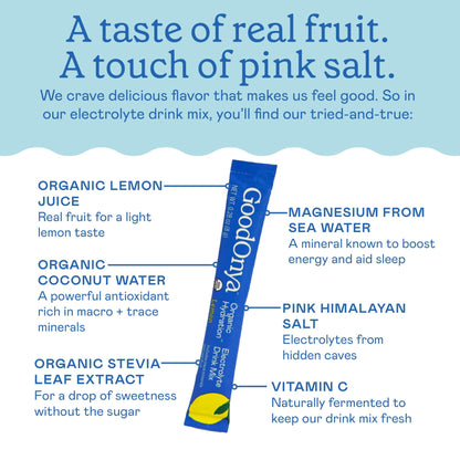 GOODONYA Organic Hydration Electrolyte Drink Mix, Certified Organic Hydration Powder, Non-GMO, Biochecked Glyphosate Free, Low Sugar, Lemonade Flavor, No Artificial Flavors,12 Stick Packs - dailyvitalstore