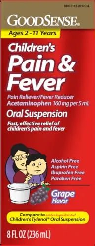 GoodSense Children's Pain and Fever, Acetaminophen 160 mg per 5 mL Oral Suspension, Grape Flavor, 8 FL OZ - dailyvitalstore