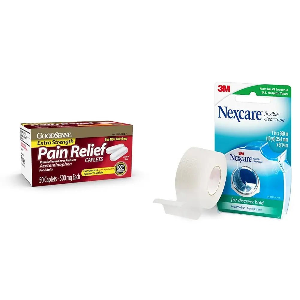 GoodSense Extra Strength 500mg Acetaminophen Caplets 50 Count & Nexcare Flexible Clear 1 Inch x 10 Yard Waterproof Transparent Tape 1 Roll - dailyvitalstore