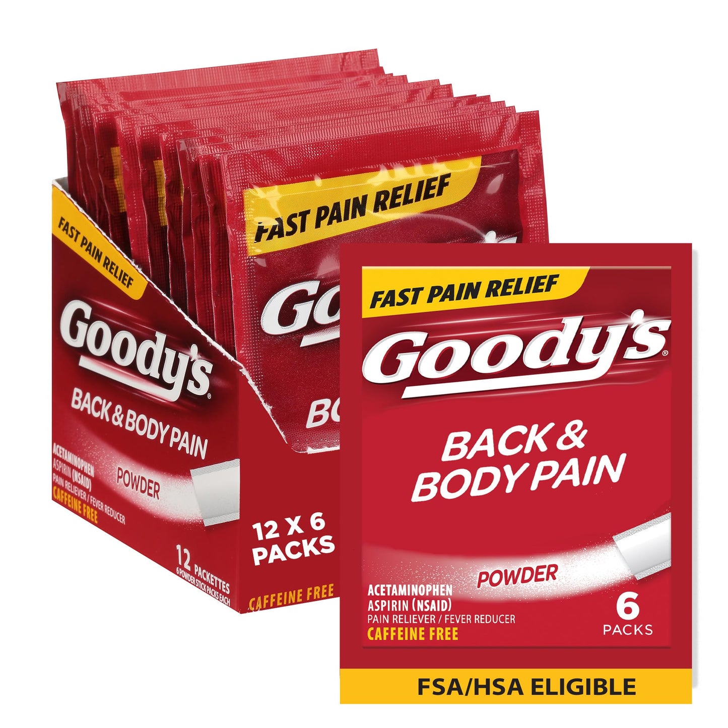 Goody's Body Ache & Back Pain Relief Powder, Dual Action with Acetaminophen & Aspirin, Caffeine-Free, 6 Count, Pack of 12 - dailyvitalstore