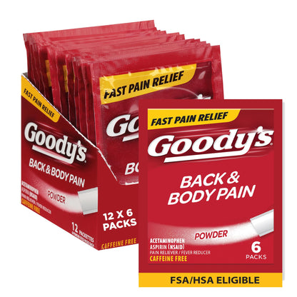 Goody's Body Ache & Back Pain Relief Powder, Dual Action with Acetaminophen & Aspirin, Caffeine-Free, 6 Count, Pack of 12 - dailyvitalstore