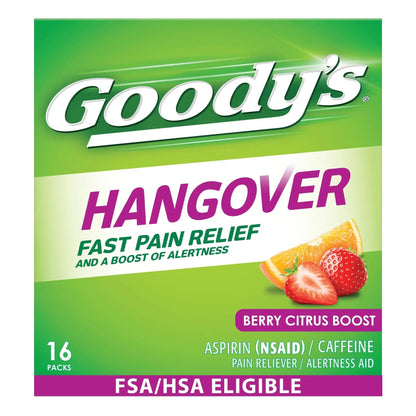 Goody's Hangover Relief Powder, Dual Action Fast Headache Pain Relief with Aspirin and Caffeine, Berry Citrus Flavor, 16 Count - dailyvitalstore