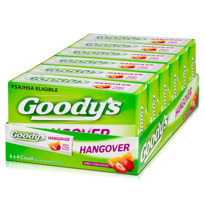 Goody's Hangover Relief Powder, Dual Action Fast Headache Pain Relief with Aspirin and Caffeine, Berry Citrus Flavor, 4 Powder Sticks, 6 Pack - dailyvitalstore