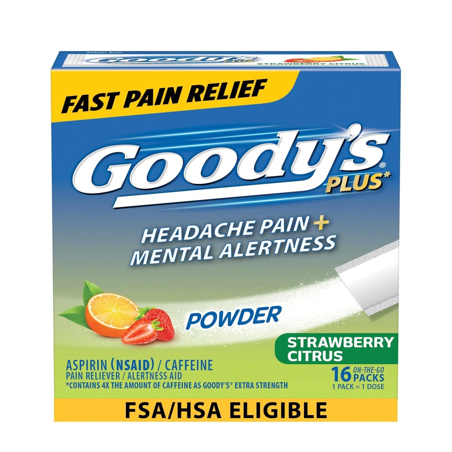 Goody’s Headache Relief Plus Mental Alertness Powder, with Aspirin and Caffeine, Strawberry Citrus Flavor, 16 Count - dailyvitalstore