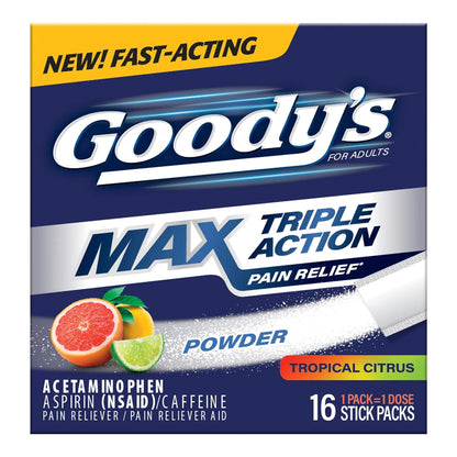 Goody’s Max Triple Action Pain Relief – Headache Relief Powder with Acetaminophen, Aspirin & Caffeine for Fast, Effective Relief of Tough Headaches, Tropical Citrus, 16 Count - dailyvitalstore