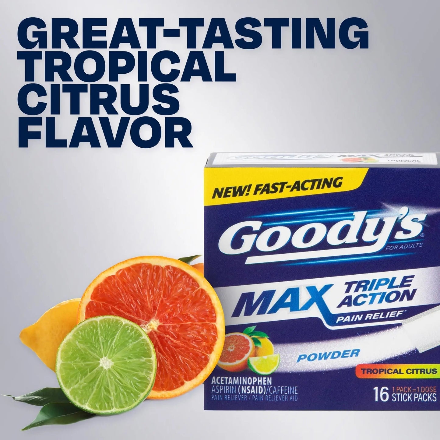 Goody’s Max Triple Action Pain Relief – Headache Relief Powder with Acetaminophen, Aspirin & Caffeine for Fast, Effective Relief of Tough Headaches, Tropical Citrus, 16 Count - dailyvitalstore