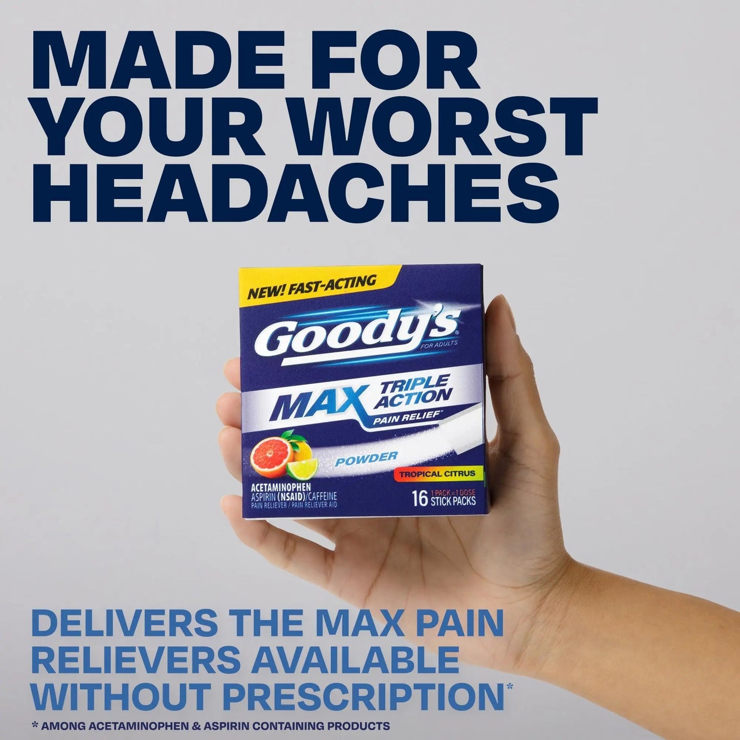 Goody’s Max Triple Action Pain Relief – Headache Relief Powder with Acetaminophen, Aspirin & Caffeine for Fast, Effective Relief of Tough Headaches, Tropical Citrus, 16 Count - dailyvitalstore