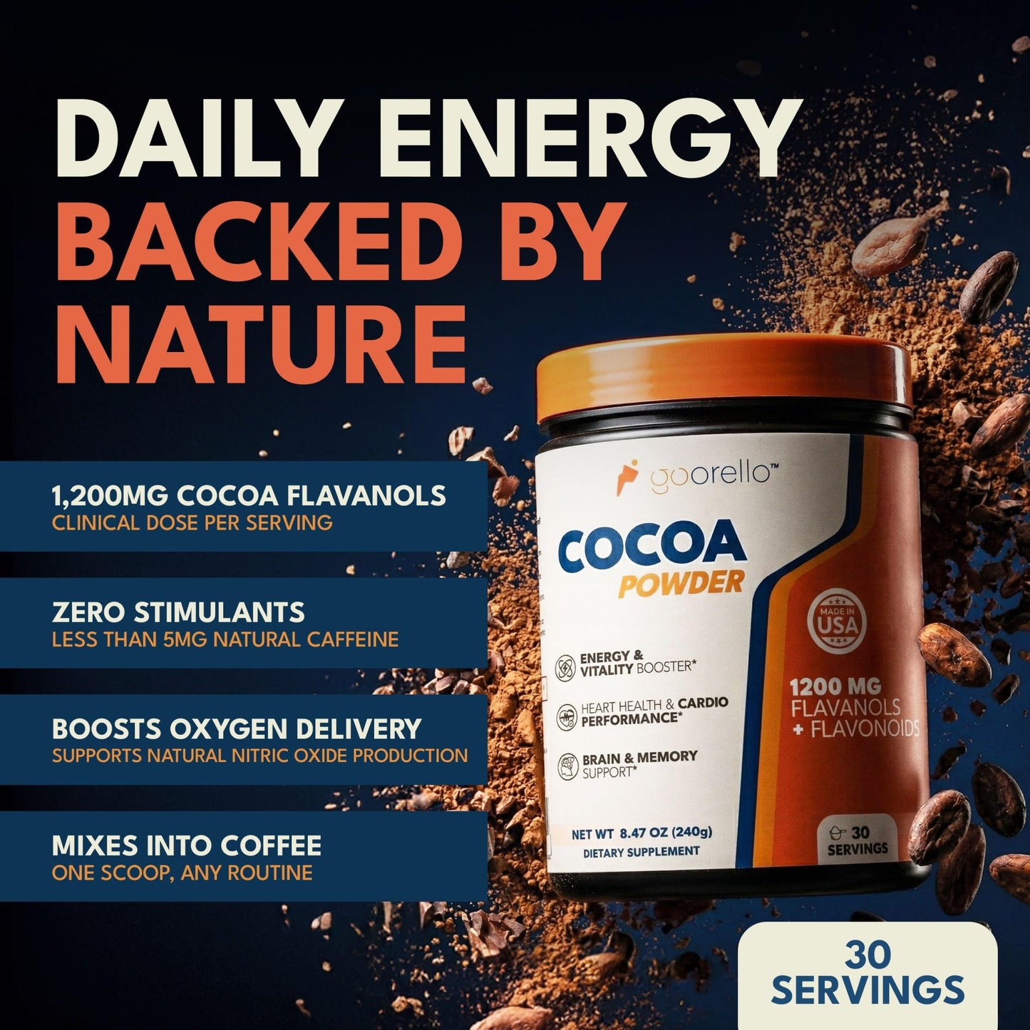 goorello High Flavanol Cocoa Powder Supplement, 1200mg Cocoa Flavanols & Flavonoids, 30 Servings for Support Heart Health, - dailyvitalstore