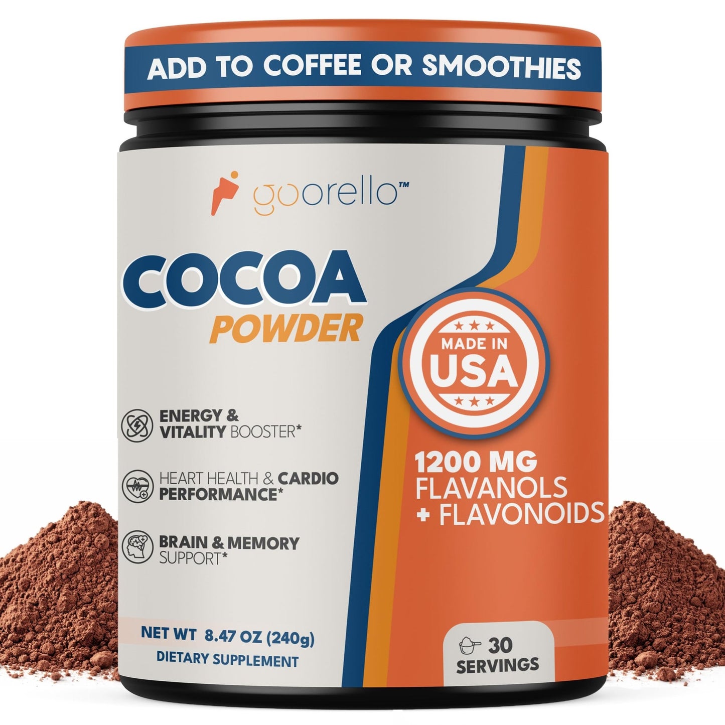 goorello High Flavanol Cocoa Powder Supplement, 1200mg Cocoa Flavanols & Flavonoids, 30 Servings for Support Heart Health, - dailyvitalstore