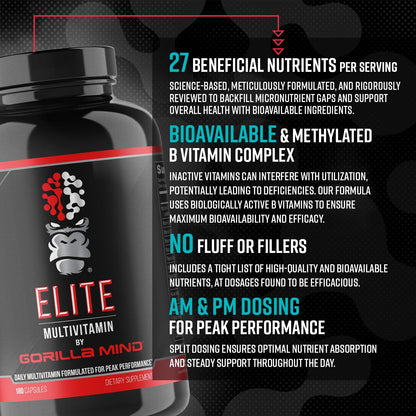 Gorilla Mind Elite Multi-Vitamin (180 Capsules) – Daily Multivitamin Formulated for Peak Performance | 27 Nutrients to Backfill Micronutrient Shortcomings - dailyvitalstore