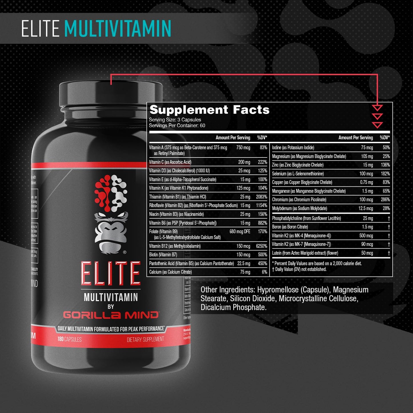 Gorilla Mind Elite Multi-Vitamin (180 Capsules) – Daily Multivitamin Formulated for Peak Performance | 27 Nutrients to Backfill Micronutrient Shortcomings - dailyvitalstore
