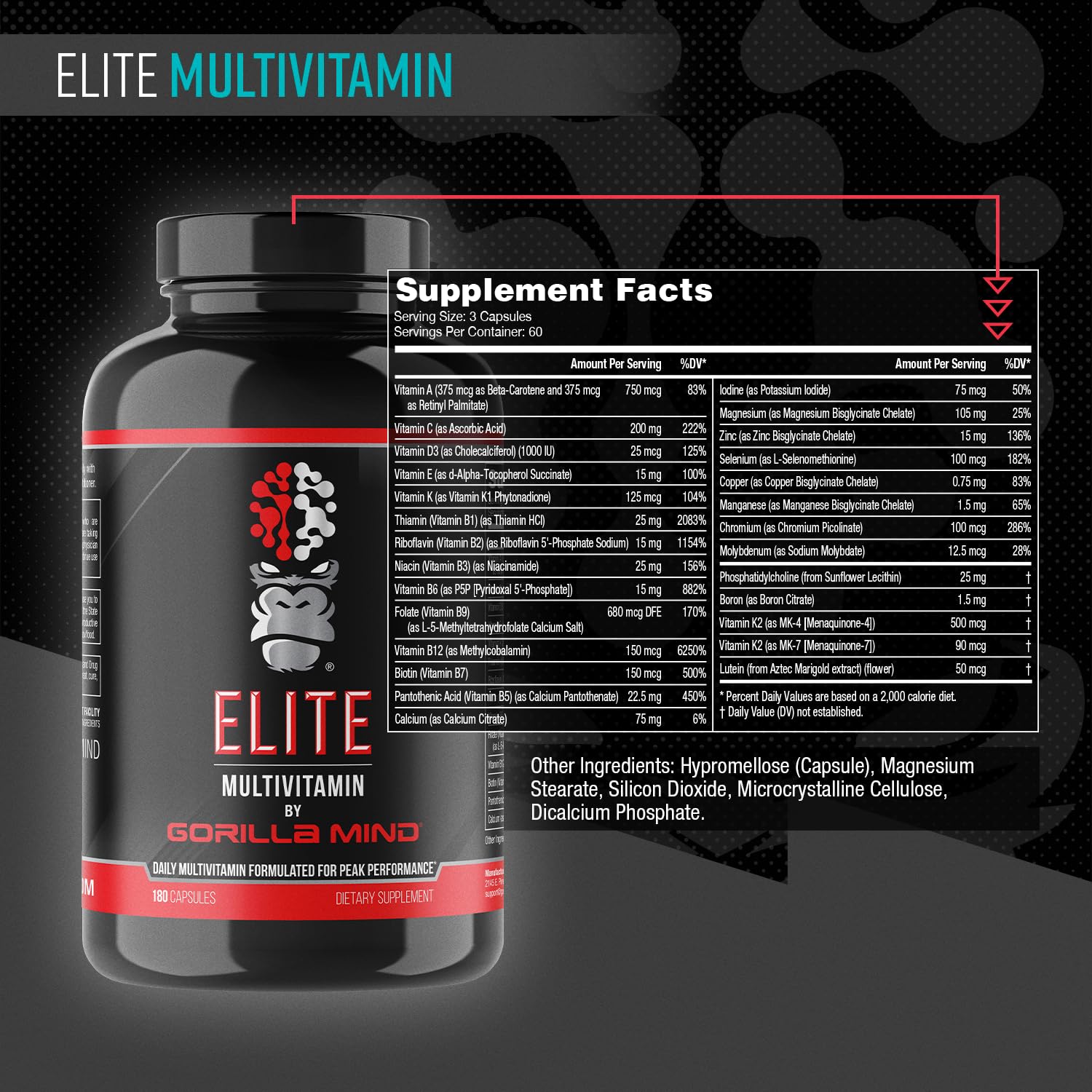 Gorilla Mind Elite Multi-Vitamin (180 Capsules) – Daily Multivitamin Formulated for Peak Performance | 27 Nutrients to Backfill Micronutrient Shortcomings - dailyvitalstore