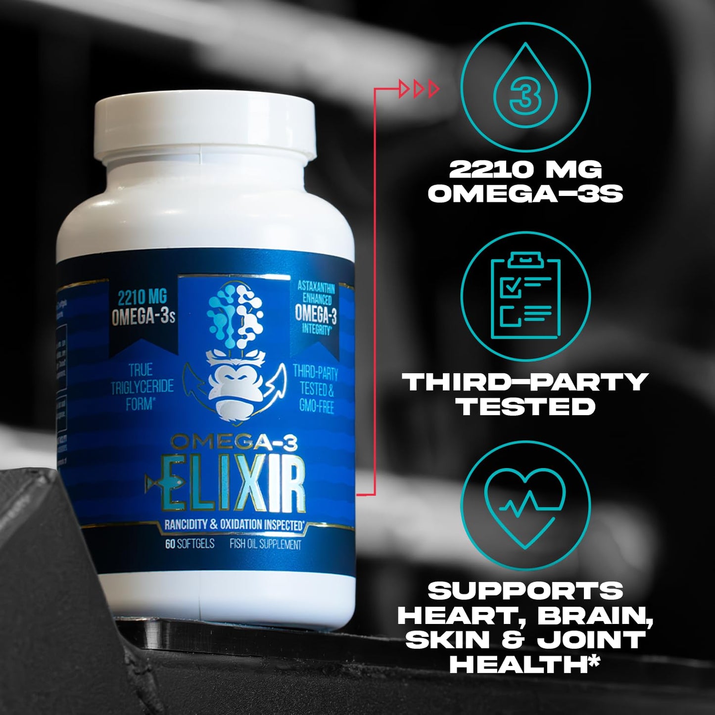 Gorilla Mind Omega-3 Elixir™ | 2210mg Fish Oil Re-Esterified Triglyceride Form | EPA, DHA + 2 Fatty Acids | Astaxanthin Infusion for Bolstered Integrity | 3rd Party & Rancidity Tested | 60 Softgels - dailyvitalstore