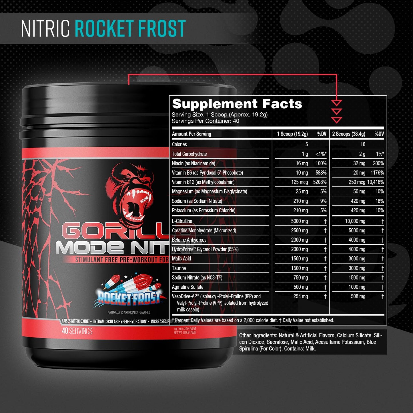 Gorilla Mode Nitric Upgraded Stimulant Free Pre-Workout – Best Tasting and Most Effective Stimulant Free Pre-Workout/Massive Pumps · Vasodilation · Power / 768 Grams (Rocket Frost) - dailyvitalstore