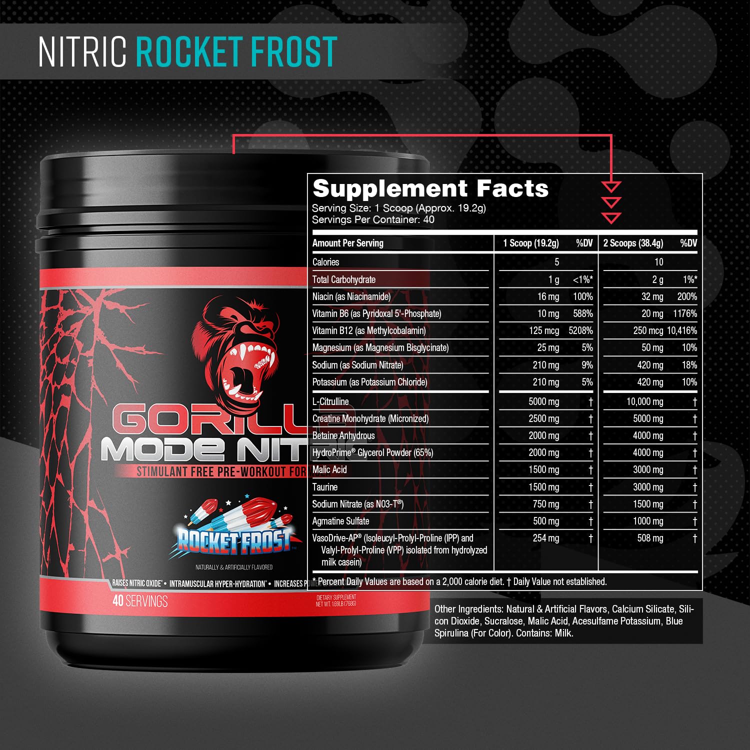 Gorilla Mode Nitric Upgraded Stimulant Free Pre-Workout – Best Tasting and Most Effective Stimulant Free Pre-Workout/Massive Pumps · Vasodilation · Power / 768 Grams (Rocket Frost) - dailyvitalstore