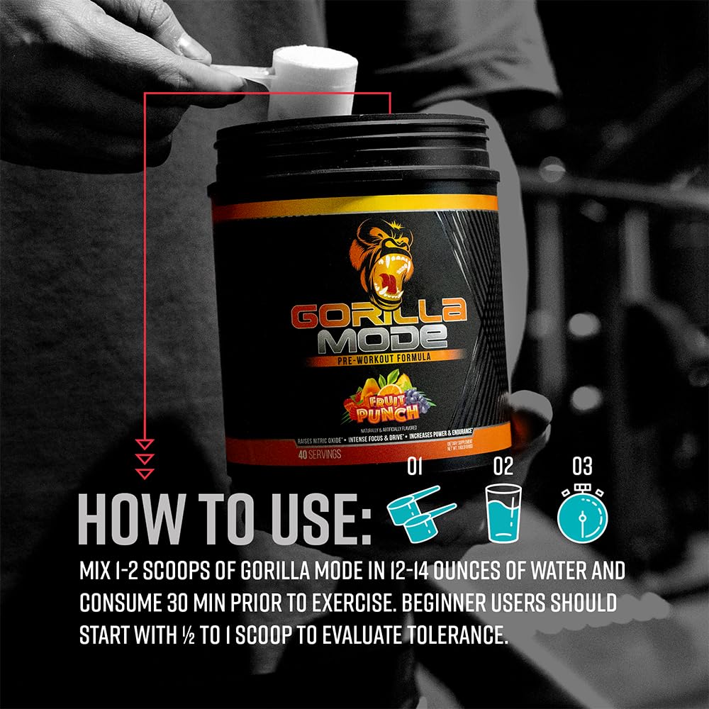 Gorilla Mode Pre Workout - Massive Pumps Laser Focus Energy Power - L-Citrulline, Creatine, L-Tyrosine, Betaine, Hydroprime, Alpha-GPC, 400mg - dailyvitalstore
