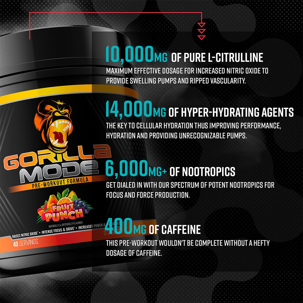 Gorilla Mode Pre Workout - Massive Pumps Laser Focus Energy Power - L-Citrulline, Creatine, L-Tyrosine, Betaine, Hydroprime, Alpha-GPC, 400mg - dailyvitalstore