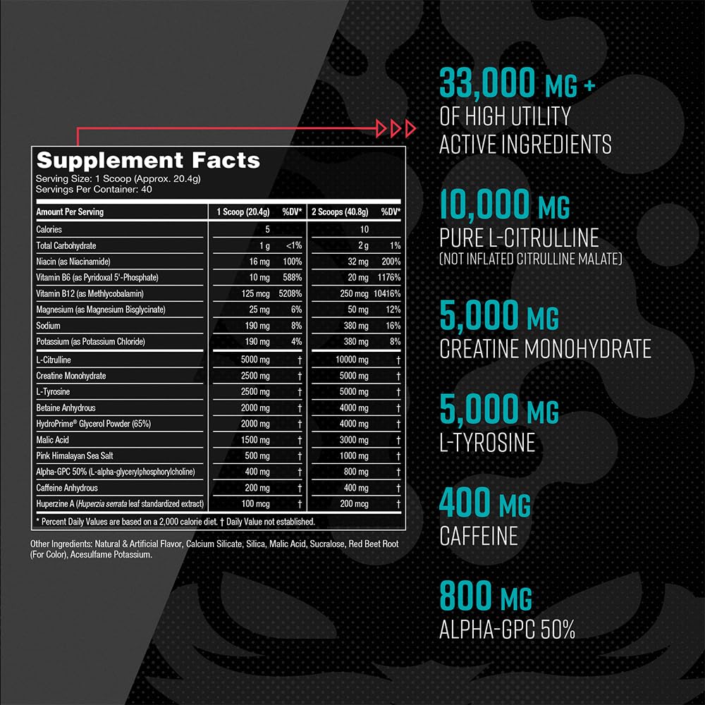 Gorilla Mode Pre Workout - Massive Pumps Laser Focus Energy Power - L-Citrulline, Creatine, L-Tyrosine, Betaine, Hydroprime, Alpha-GPC, 400mg - dailyvitalstore