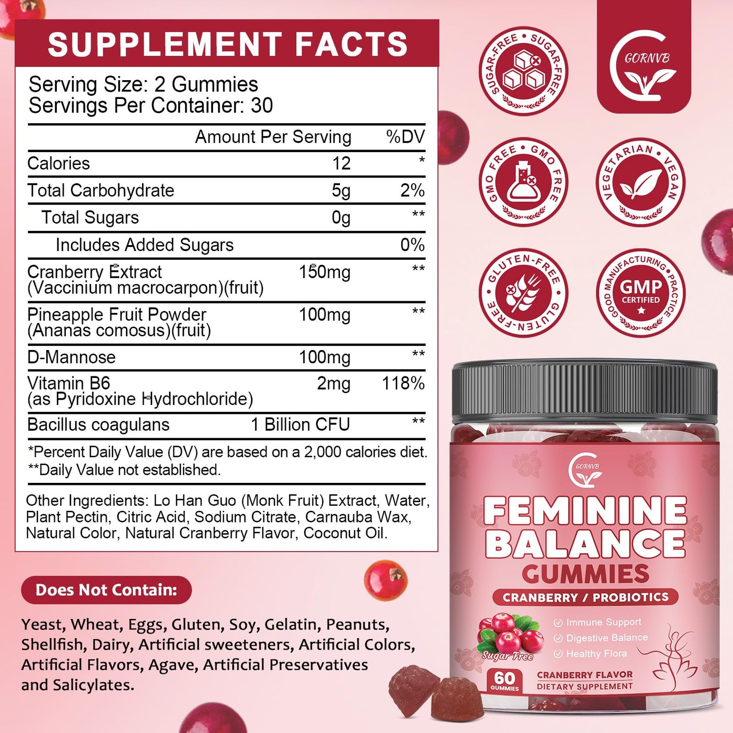 GORNVB Premium Feminine Balance Gummies for Women, Support pH Balance & Vaginal Probiotics Health Gummies with Cranberry Pineapple Powder, D-Mannose, Sugar Free, Gluten Free, Vegan - dailyvitalstore