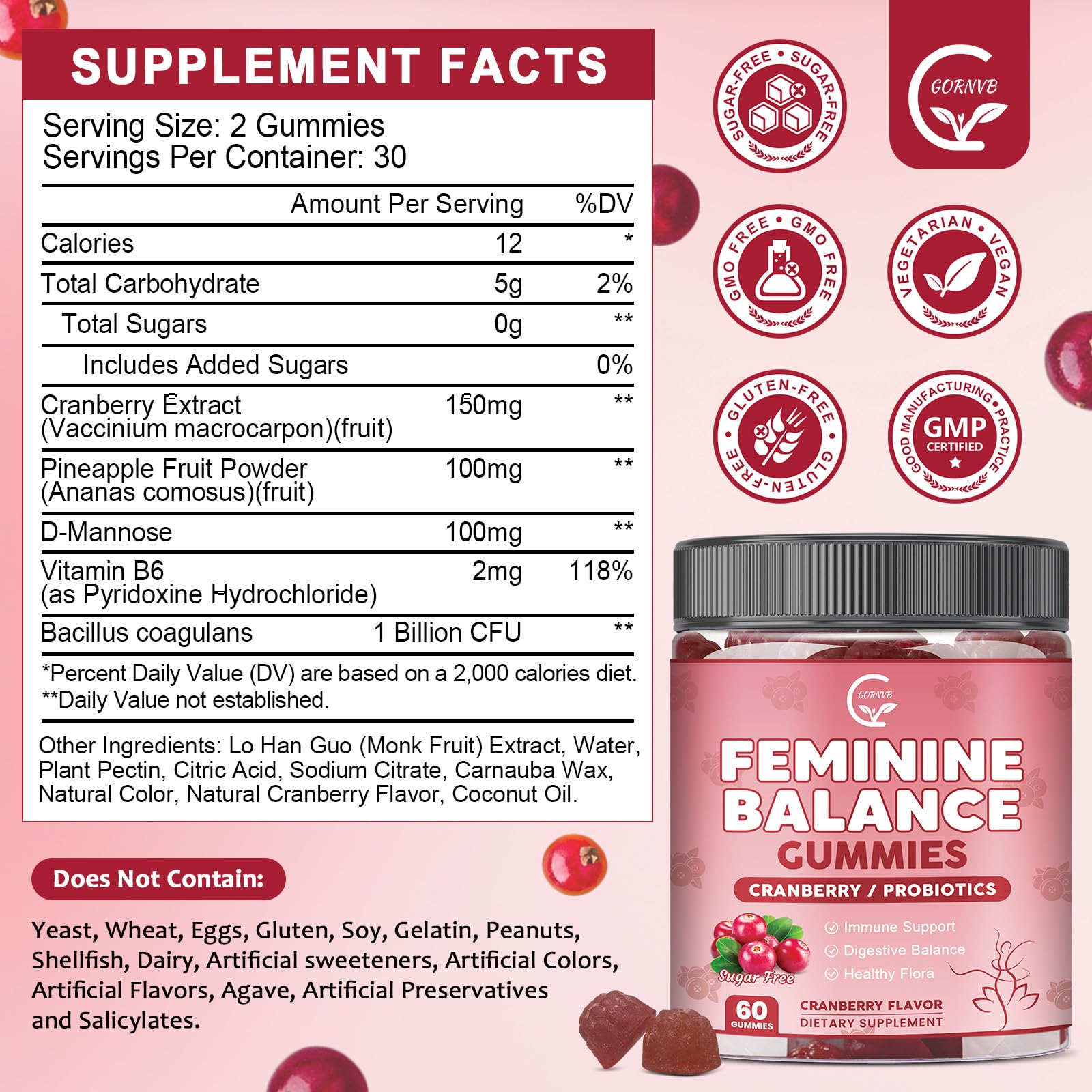 GORNVB Premium Feminine Balance Gummies for Women, Support pH Balance & Vaginal Probiotics Health Gummies with Cranberry Pineapple Powder, D-Mannose, Sugar Free, Gluten Free, Vegan - dailyvitalstore