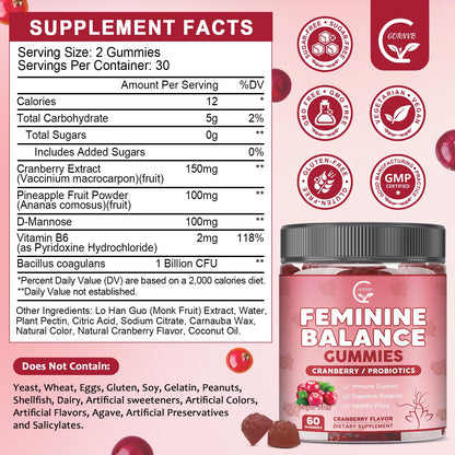 GORNVB Premium Feminine Balance Gummies for Women, Support pH Balance & Vaginal Probiotics Health Gummies with Cranberry Pineapple Powder, D-Mannose, Sugar Free, Gluten Free, Vegan - dailyvitalstore