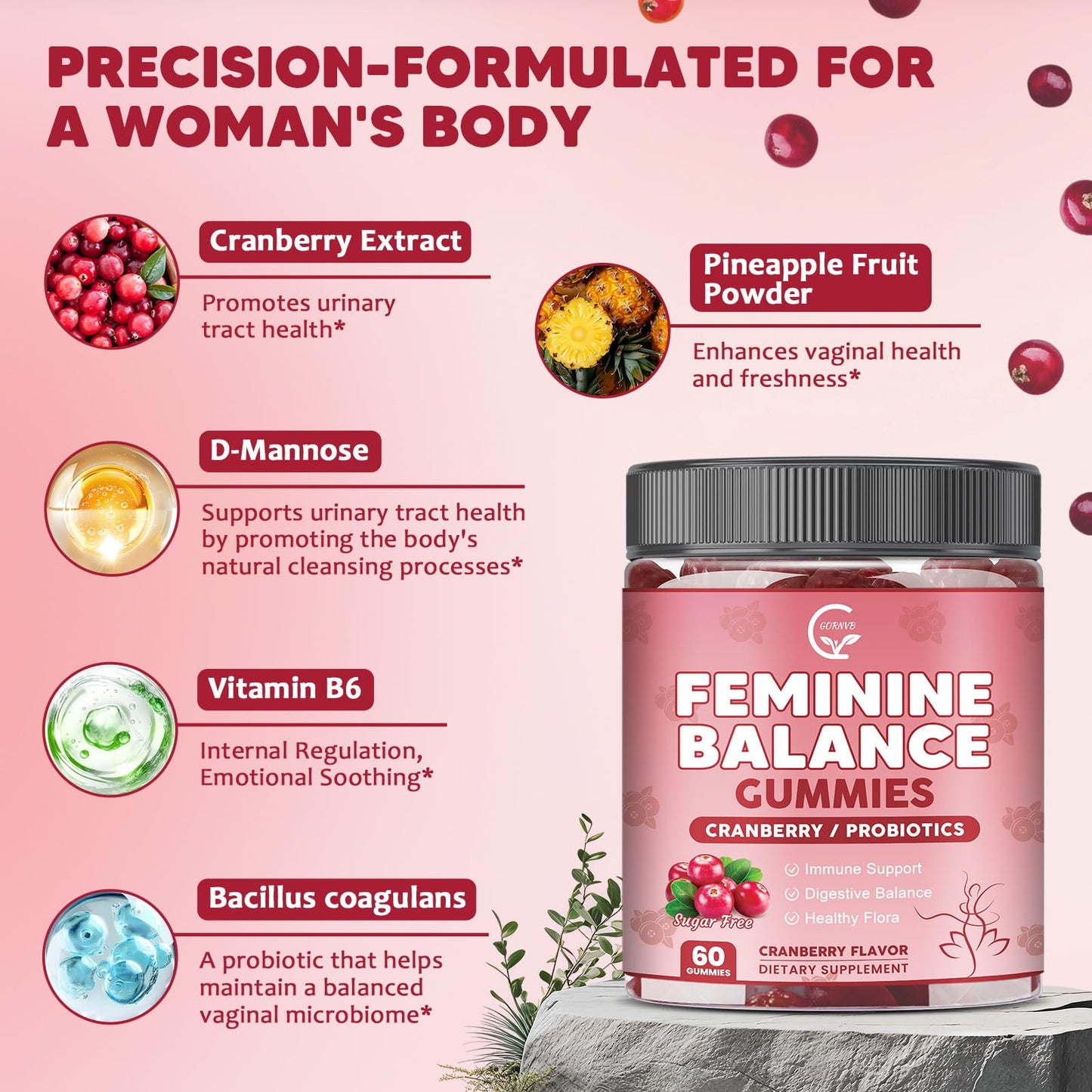 GORNVB Premium Feminine Balance Gummies for Women, Support pH Balance & Vaginal Probiotics Health Gummies with Cranberry Pineapple Powder, D-Mannose, Sugar Free, Gluten Free, Vegan - dailyvitalstore