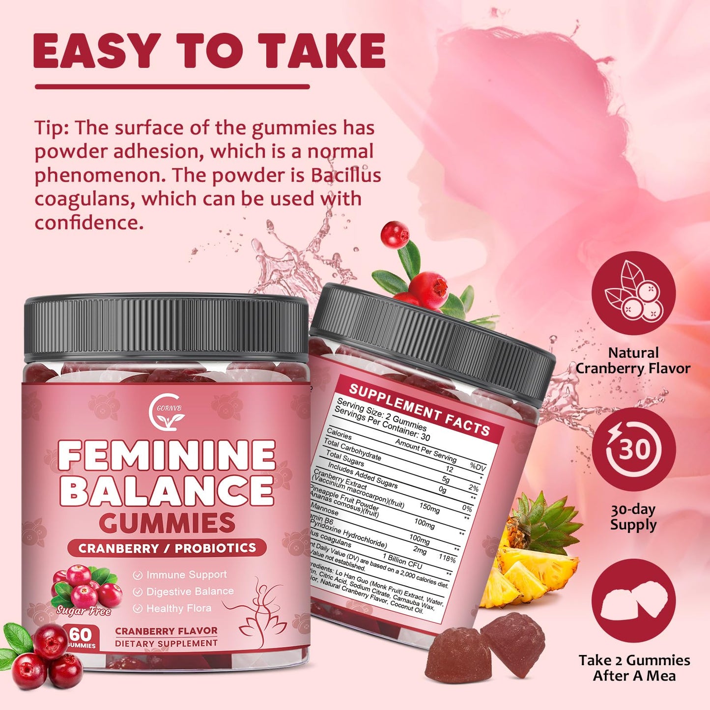 GORNVB Premium Feminine Balance Gummies for Women, Support pH Balance & Vaginal Probiotics Health Gummies with Cranberry Pineapple Powder, D-Mannose, Sugar Free, Gluten Free, Vegan - dailyvitalstore