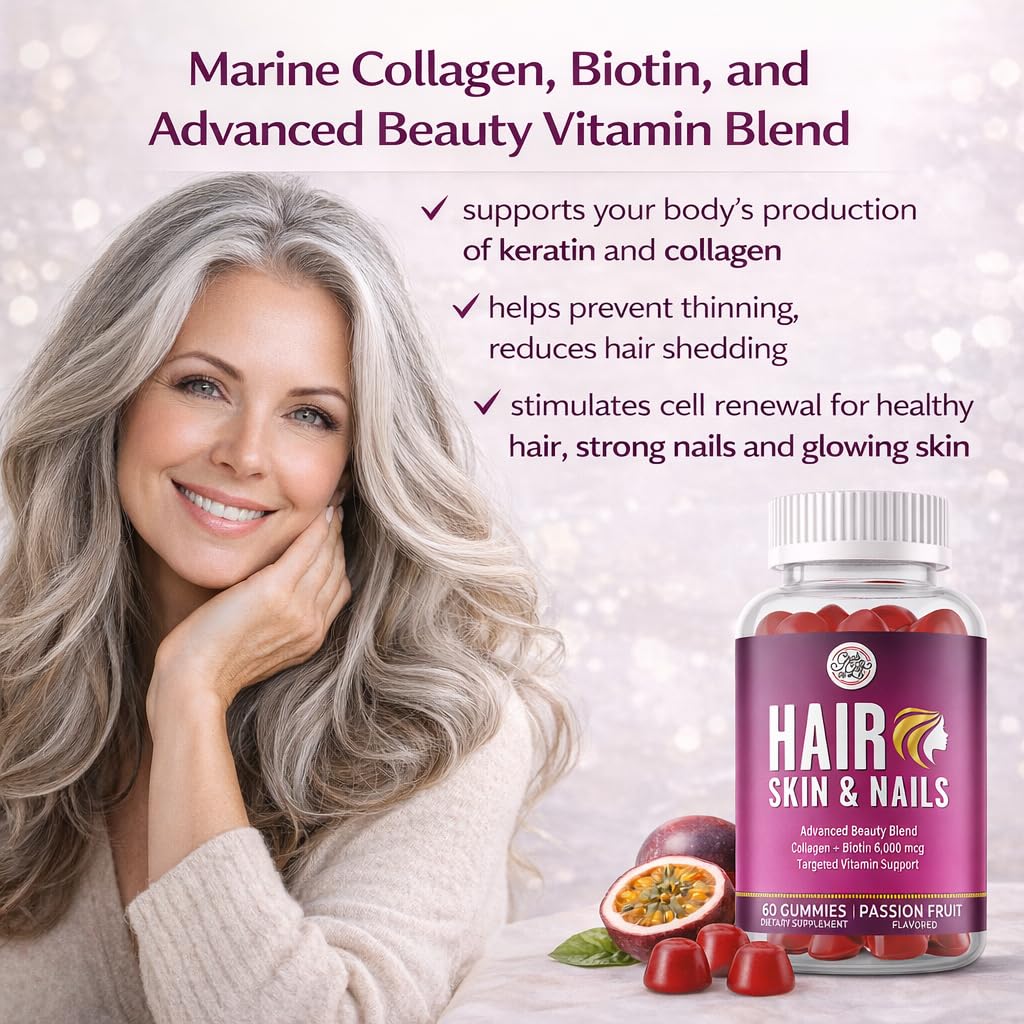 Grab The Gold Hair Skin & Nails Vitamins for Women | Gummies with 6000mcg Biotin & Collagen | 10 Essential Vitamin & Minerals | Gluten-Free, Non-GMO, Passion Fruit Flavor | 1 Month Supply, Made in USA - dailyvitalstore