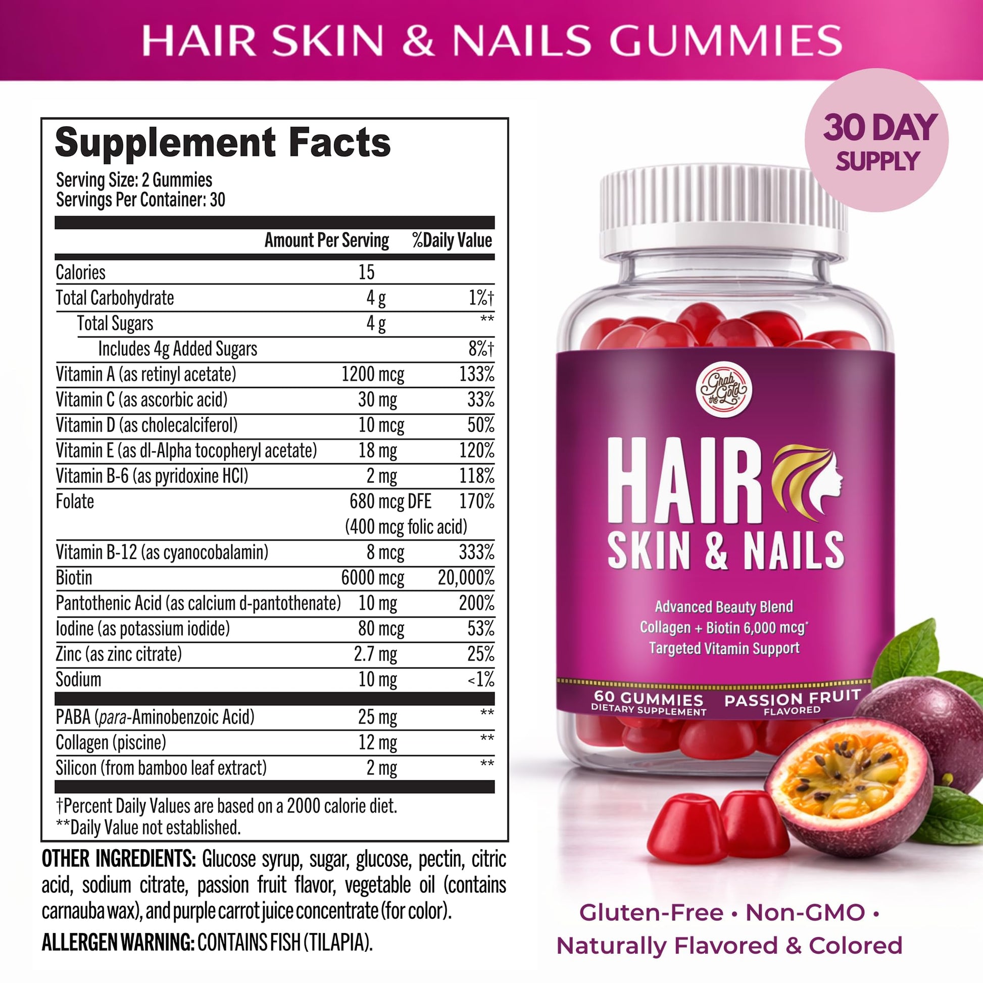 Grab The Gold Hair Skin & Nails Vitamins for Women | Gummies with 6000mcg Biotin & Collagen | 10 Essential Vitamin & Minerals | Gluten-Free, Non-GMO, Passion Fruit Flavor | 1 Month Supply, Made in USA - dailyvitalstore