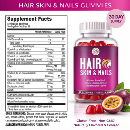 Grab The Gold Hair Skin & Nails Vitamins for Women | Gummies with 6000mcg Biotin & Collagen | 10 Essential Vitamin & Minerals | Gluten-Free, Non-GMO, Passion Fruit Flavor | 1 Month Supply, Made in USA - dailyvitalstore