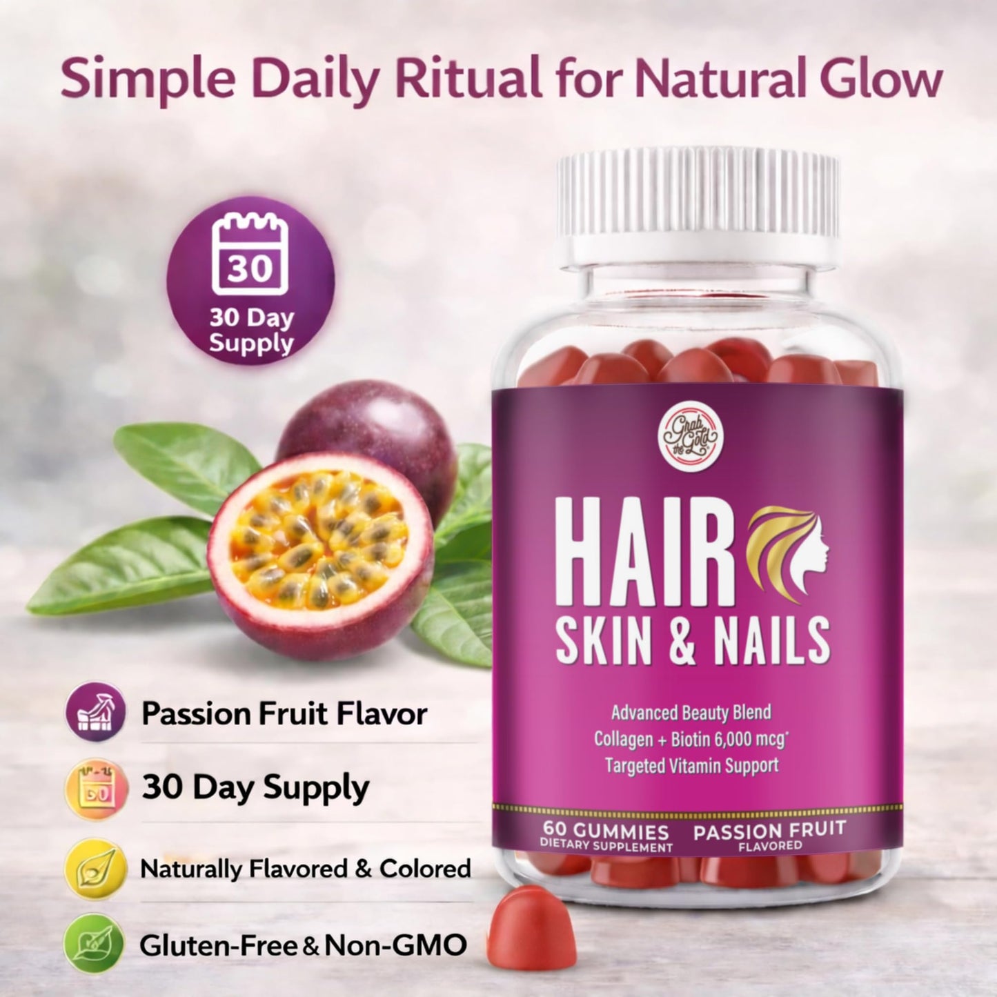 Grab The Gold Hair Skin & Nails Vitamins for Women | Gummies with 6000mcg Biotin & Collagen | 10 Essential Vitamin & Minerals | Gluten-Free, Non-GMO, Passion Fruit Flavor | 1 Month Supply, Made in USA - dailyvitalstore
