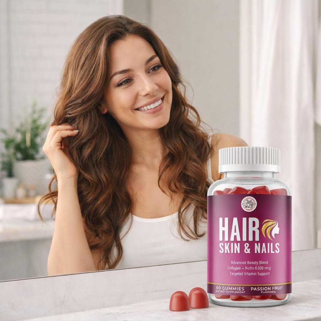 Grab The Gold Hair Skin & Nails Vitamins for Women | Gummies with 6000mcg Biotin & Collagen | 10 Essential Vitamin & Minerals | Gluten-Free, Non-GMO, Passion Fruit Flavor | 1 Month Supply, Made in USA - dailyvitalstore