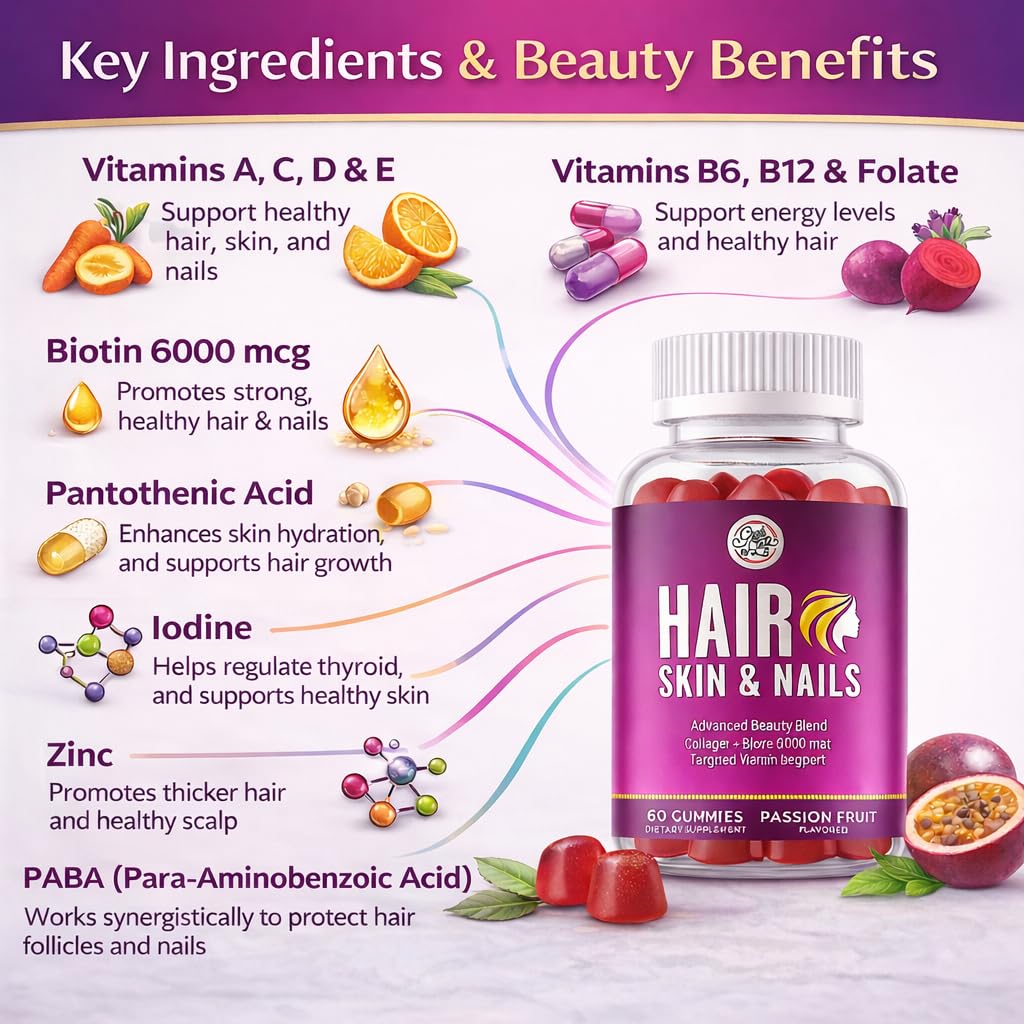 Grab The Gold Hair Skin & Nails Vitamins for Women | Gummies with 6000mcg Biotin & Collagen | 10 Essential Vitamin & Minerals | Gluten-Free, Non-GMO, Passion Fruit Flavor | 1 Month Supply, Made in USA - dailyvitalstore