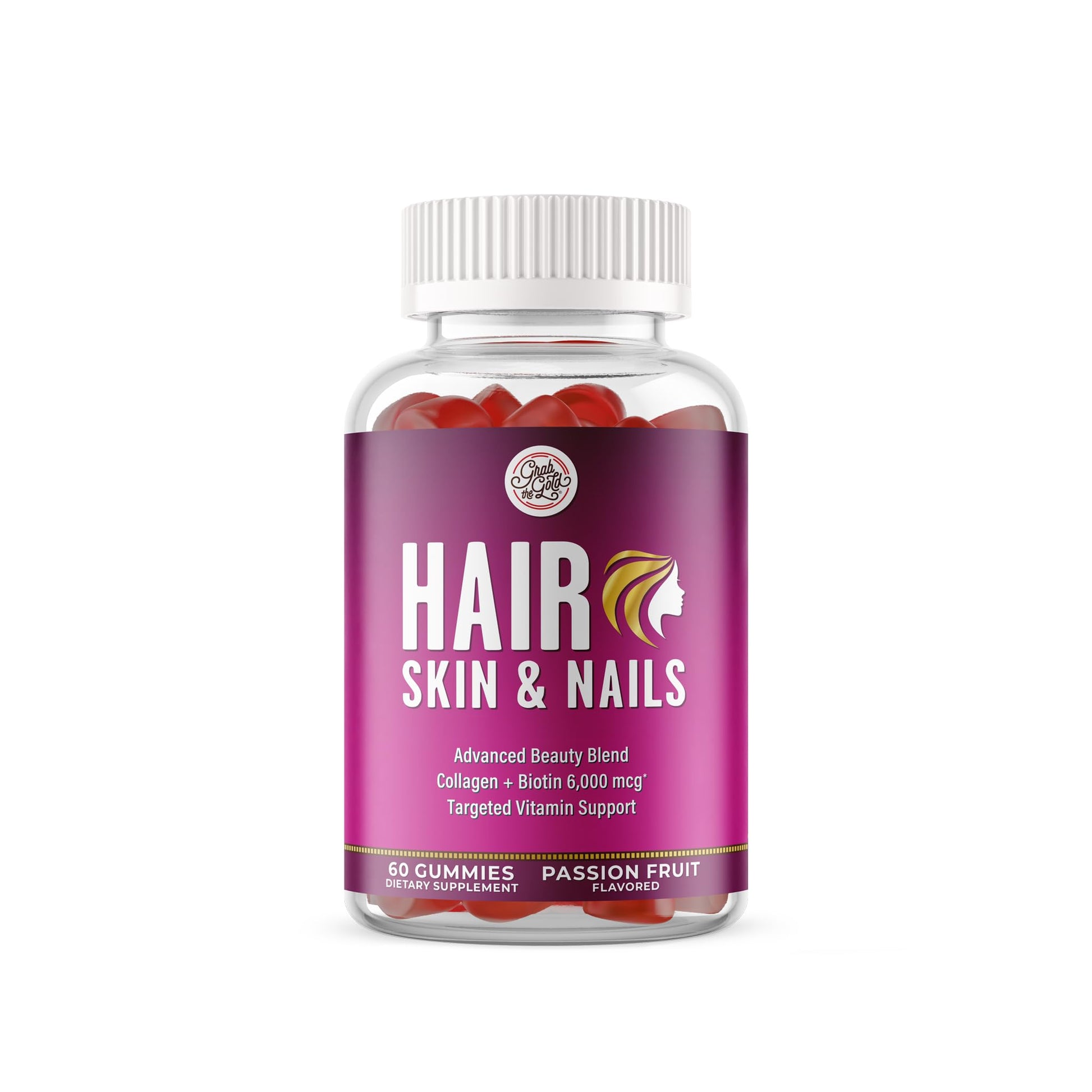 Grab The Gold Hair Skin & Nails Vitamins for Women | Gummies with 6000mcg Biotin & Collagen | 10 Essential Vitamin & Minerals | Gluten-Free, Non-GMO, Passion Fruit Flavor | 1 Month Supply, Made in USA - dailyvitalstore