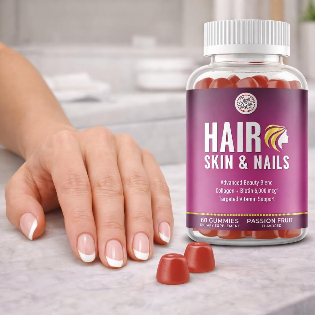 Grab The Gold Hair Skin & Nails Vitamins for Women | Gummies with 6000mcg Biotin & Collagen | 10 Essential Vitamin & Minerals | Gluten-Free, Non-GMO, Passion Fruit Flavor | 1 Month Supply, Made in USA - dailyvitalstore