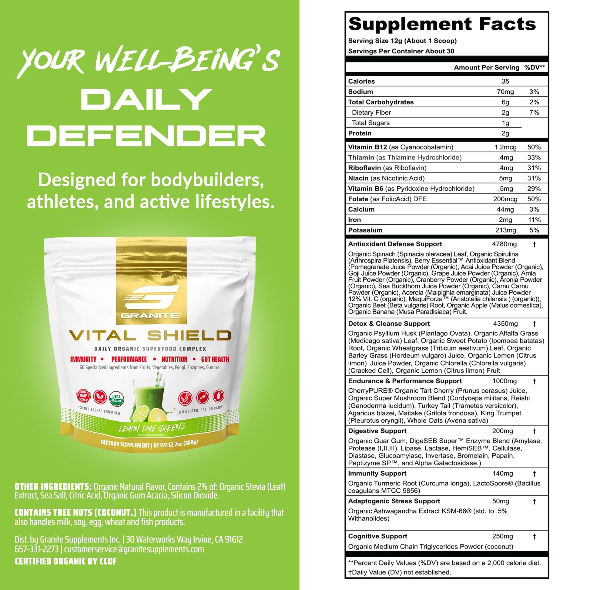 Granite Nutrition Vital Shield - USDA Organic Superfood Greens with Mushrooms & Tart Cherry – Supports Energy, Immune Function & Digestive Health – Lemon Lime Flavor (30 Servings) - dailyvitalstore