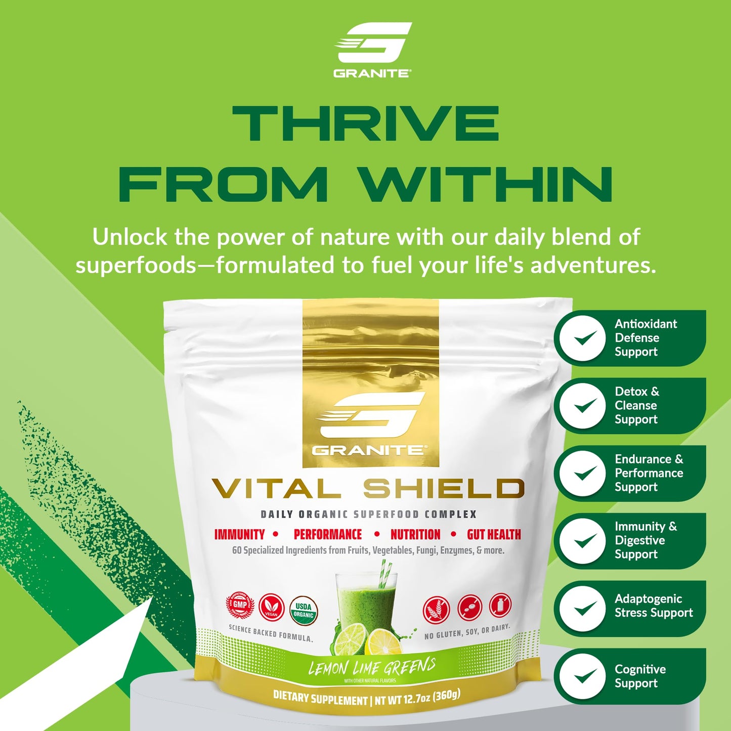 Granite Nutrition Vital Shield - USDA Organic Superfood Greens with Mushrooms & Tart Cherry – Supports Energy, Immune Function & Digestive Health – Lemon Lime Flavor (30 Servings) - dailyvitalstore
