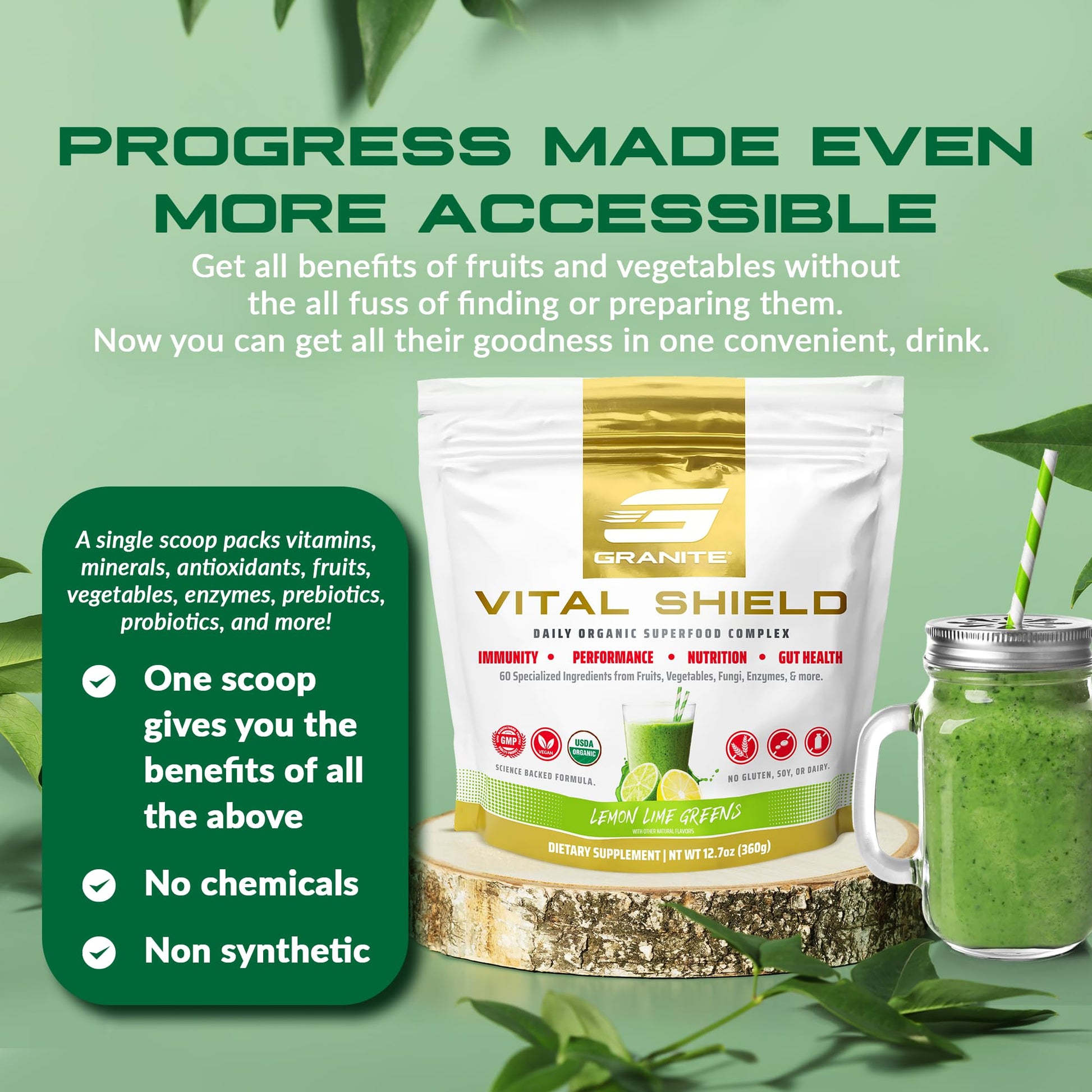 Granite Nutrition Vital Shield - USDA Organic Superfood Greens with Mushrooms & Tart Cherry – Supports Energy, Immune Function & Digestive Health – Lemon Lime Flavor (30 Servings) - dailyvitalstore
