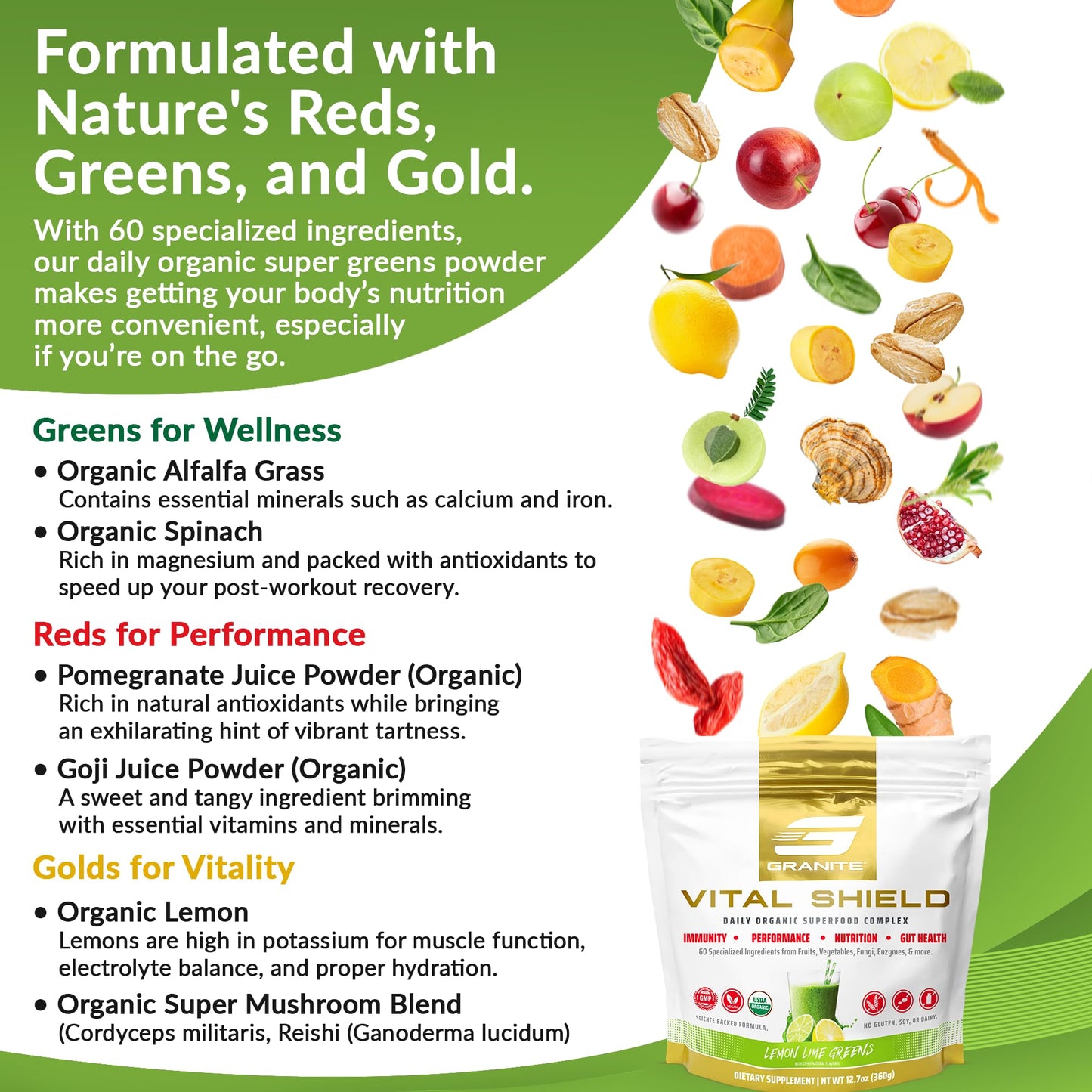 Granite Nutrition Vital Shield - USDA Organic Superfood Greens with Mushrooms & Tart Cherry – Supports Energy, Immune Function & Digestive Health – Lemon Lime Flavor (30 Servings) - dailyvitalstore