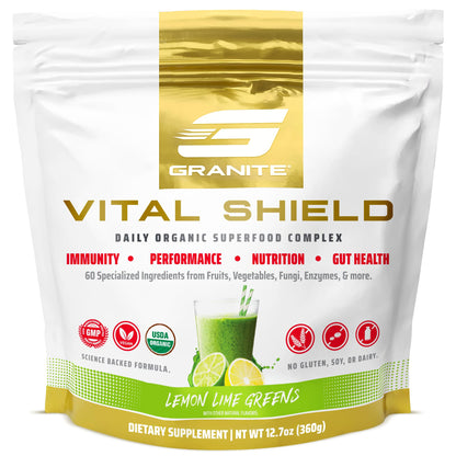 Granite Nutrition Vital Shield - USDA Organic Superfood Greens with Mushrooms & Tart Cherry – Supports Energy, Immune Function & Digestive Health – Lemon Lime Flavor (30 Servings) - dailyvitalstore