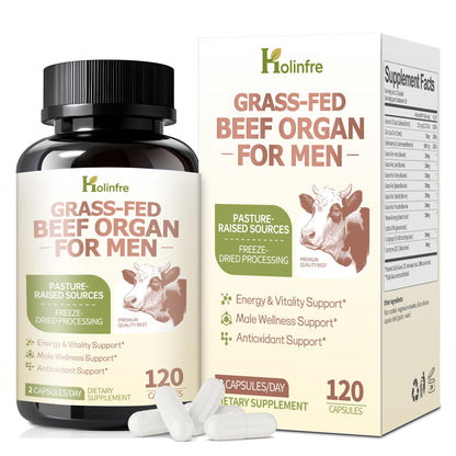 Grass Fed Beef Organ Supplement for Men - Beef Liver Capsules,Pasture Raised Beef Organs with Heart, Liver, Kidney, Spleen, Testicle & Prostate, Zinc, Selenium, Vitamin D3, Ginseng, Cordyceps - dailyvitalstore