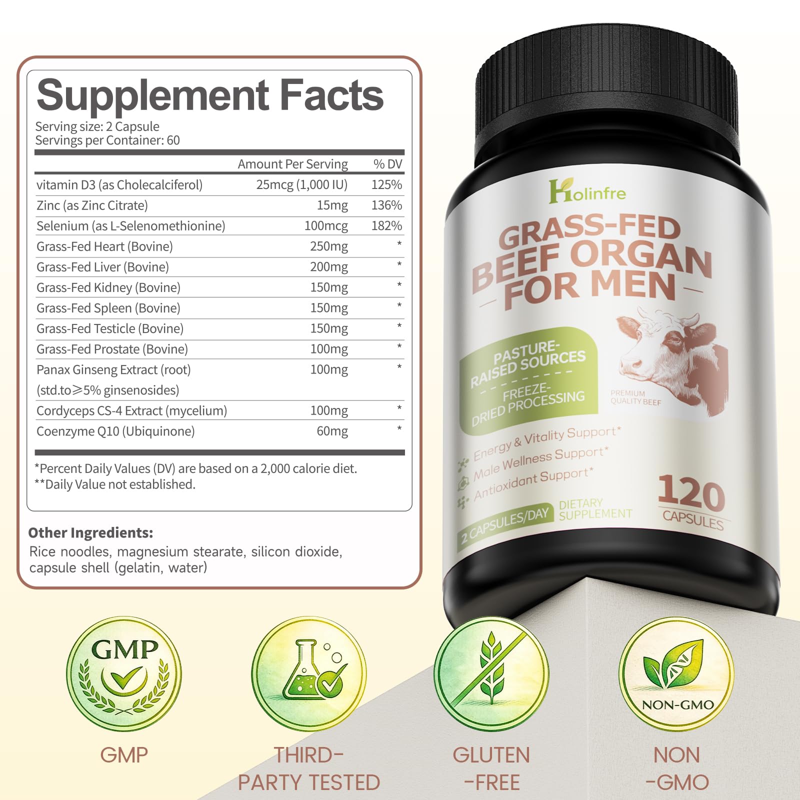Grass Fed Beef Organ Supplement for Men - Beef Liver Capsules,Pasture Raised Beef Organs with Heart, Liver, Kidney, Spleen, Testicle & Prostate, Zinc, Selenium, Vitamin D3, Ginseng, Cordyceps - dailyvitalstore