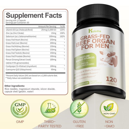 Grass Fed Beef Organ Supplement for Men - Beef Liver Capsules,Pasture Raised Beef Organs with Heart, Liver, Kidney, Spleen, Testicle & Prostate, Zinc, Selenium, Vitamin D3, Ginseng, Cordyceps - dailyvitalstore